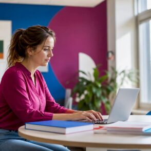 Een docent is aan het werk met zijn laptop in de schoolbibliotheek.