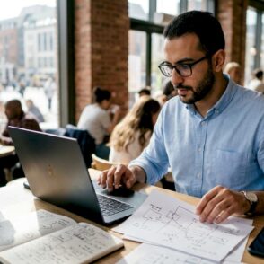 Een IT-specialist zit achter zijn bureau en richt een Azure-omgeving in.