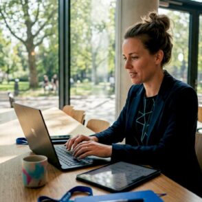 Zakelijke vrouw werkt via Microsoft Teams op haar laptop