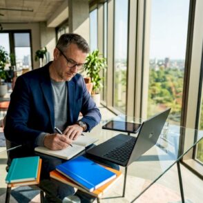 Een IT-manager bekijkt de Azure-diensten op zijn laptop aan het bureau, terwijl hij de mogelijkheden en instellingen zorgvuldig doorneemt.