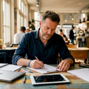 Man stelt een checklist op voor zijn digitale werkplek aan zijn bureau