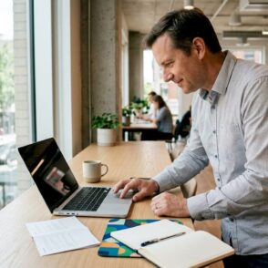 Man richt werkplek met laptop in als dienst
