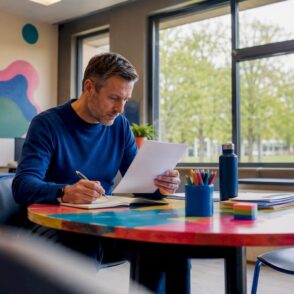 De ICT-beheerder van de school kijkt het IT-beleidsdocument grondig na.