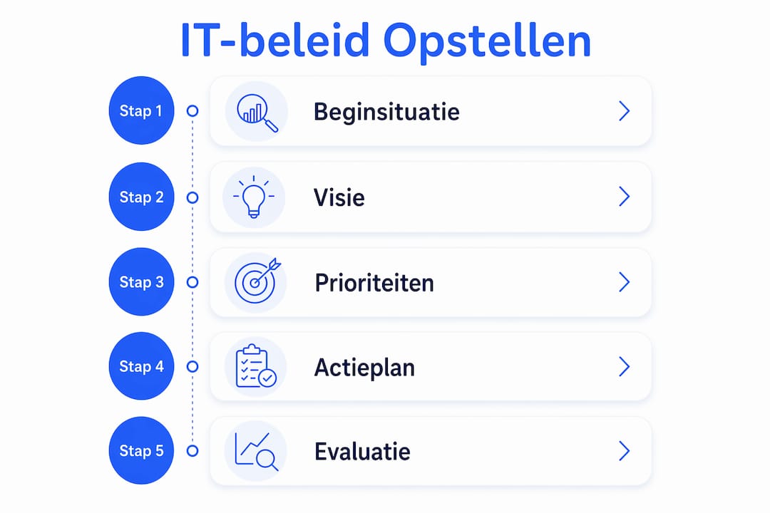 Overzichtelijke infographic met praktische stappen voor het opstellen van een effectief IT-beleid