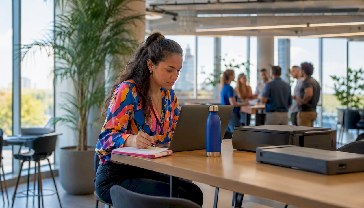 Een IT-team overlegt samen rondom een laptop op kantoor.