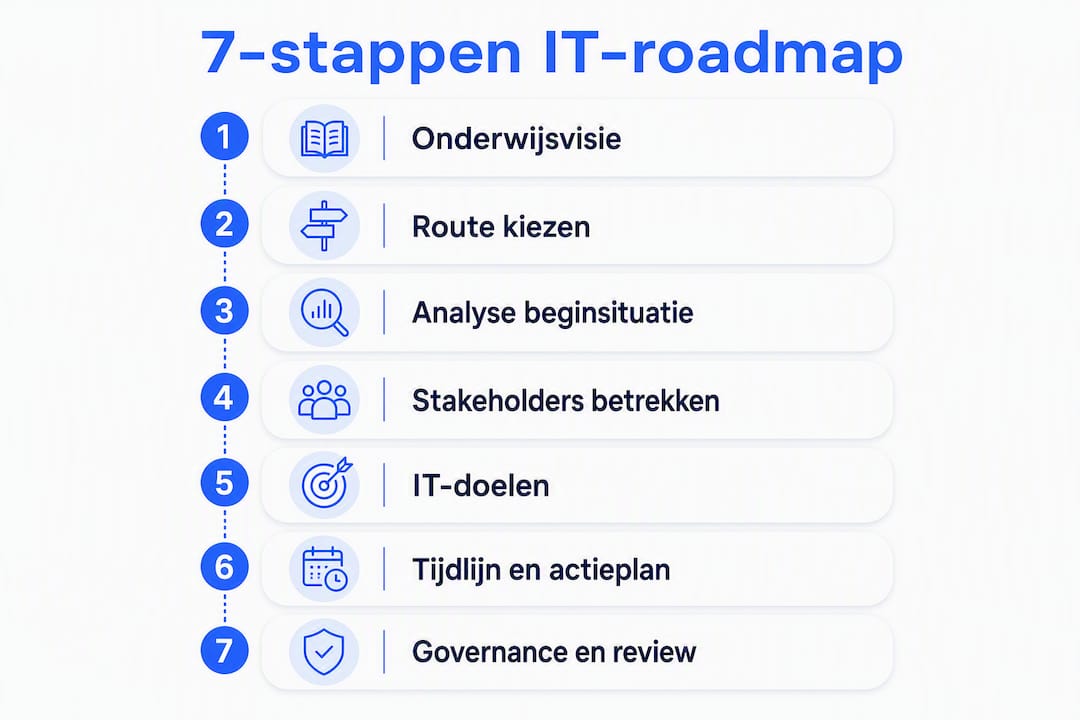 Overzichtelijke infographic met een stappenplan voor een IT-roadmap in zeven fases