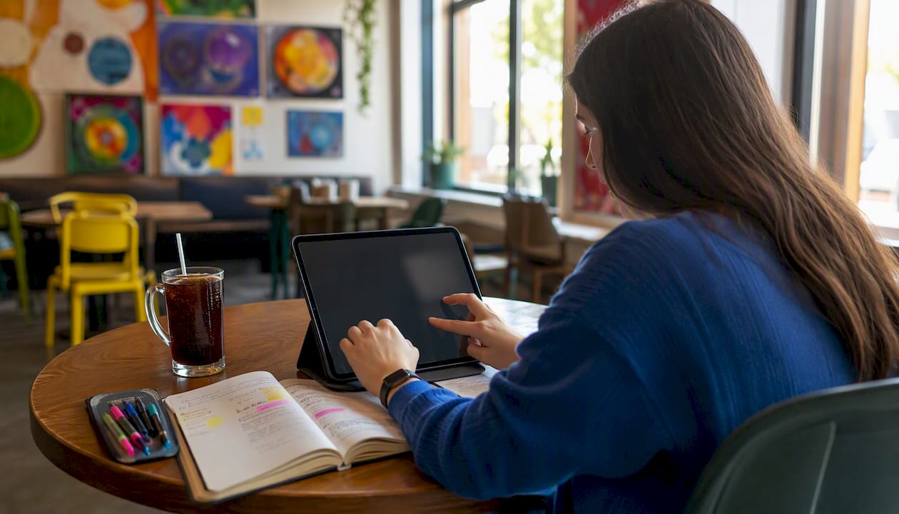 Handen die actief aan de slag zijn met een digitale trainingssimulatie