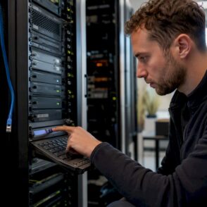 Technicus stelt netwerkapparatuur af in de serverruimte